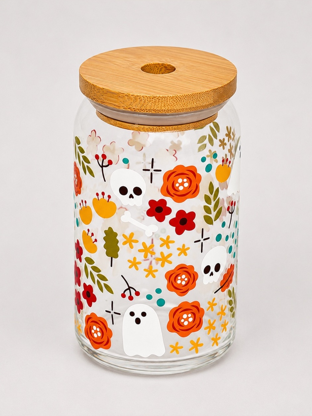 Ghosts & Skulls Halloween 16oz Libby Can Glass Tumbler with Bamboo Lid